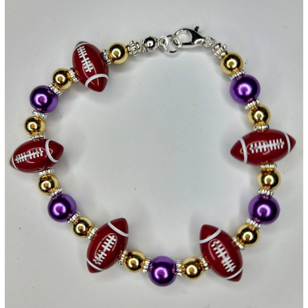 Handmade Beaded Purple And Gold Football Bracelet in silver